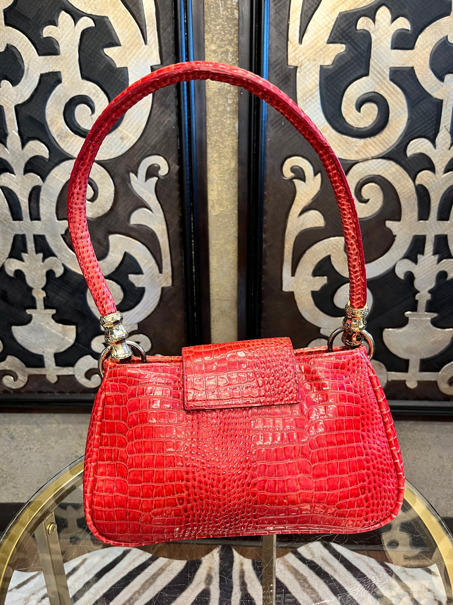 Gold metal croc design red leather embossed hoop handle handbag