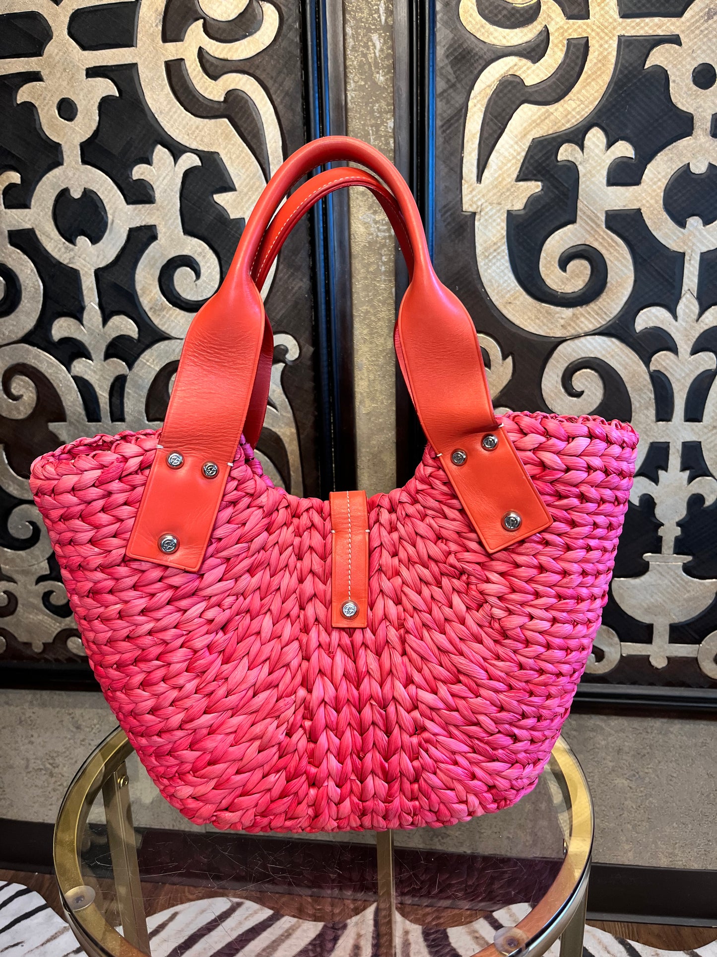 Francesco Biasia pink wicker leather handbag