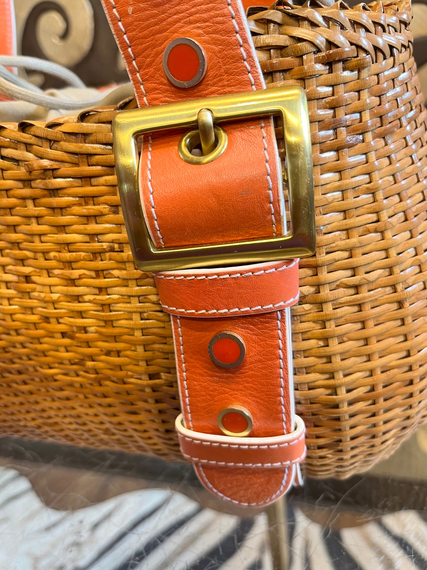 Rattan wicker vintage orange trim leather bucket strap handbag