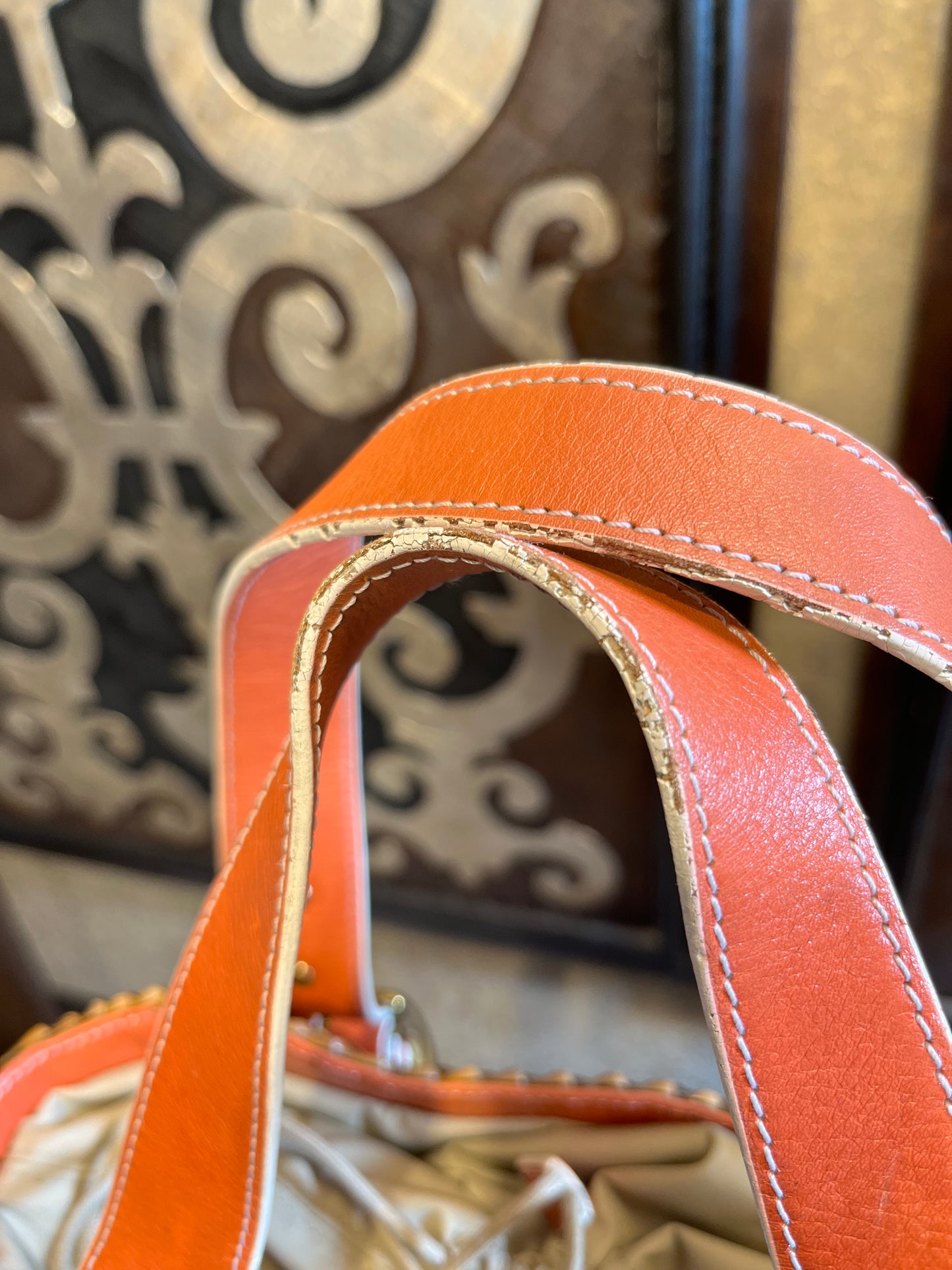 Rattan wicker vintage orange trim leather bucket strap handbag