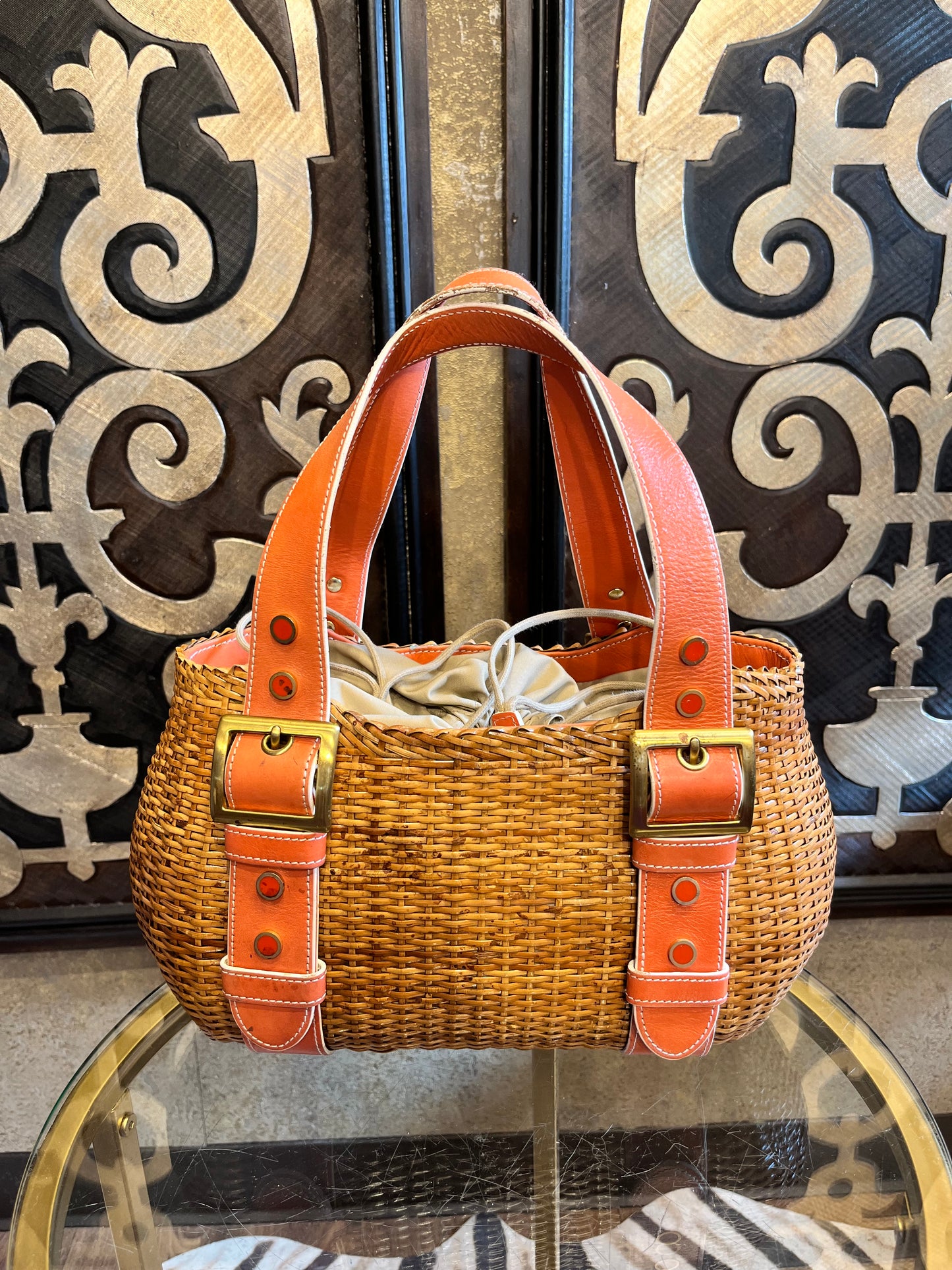 Rattan wicker vintage orange trim leather bucket strap handbag