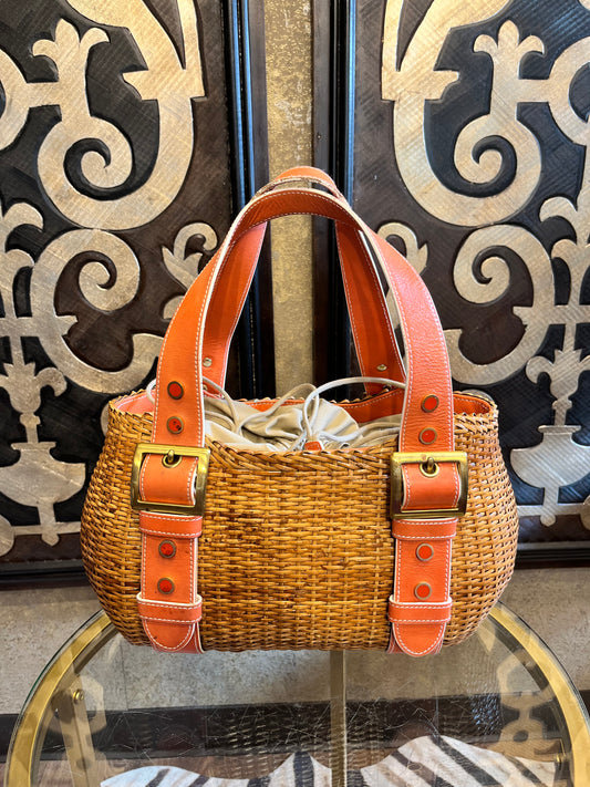 Rattan wicker vintage orange trim leather bucket strap handbag