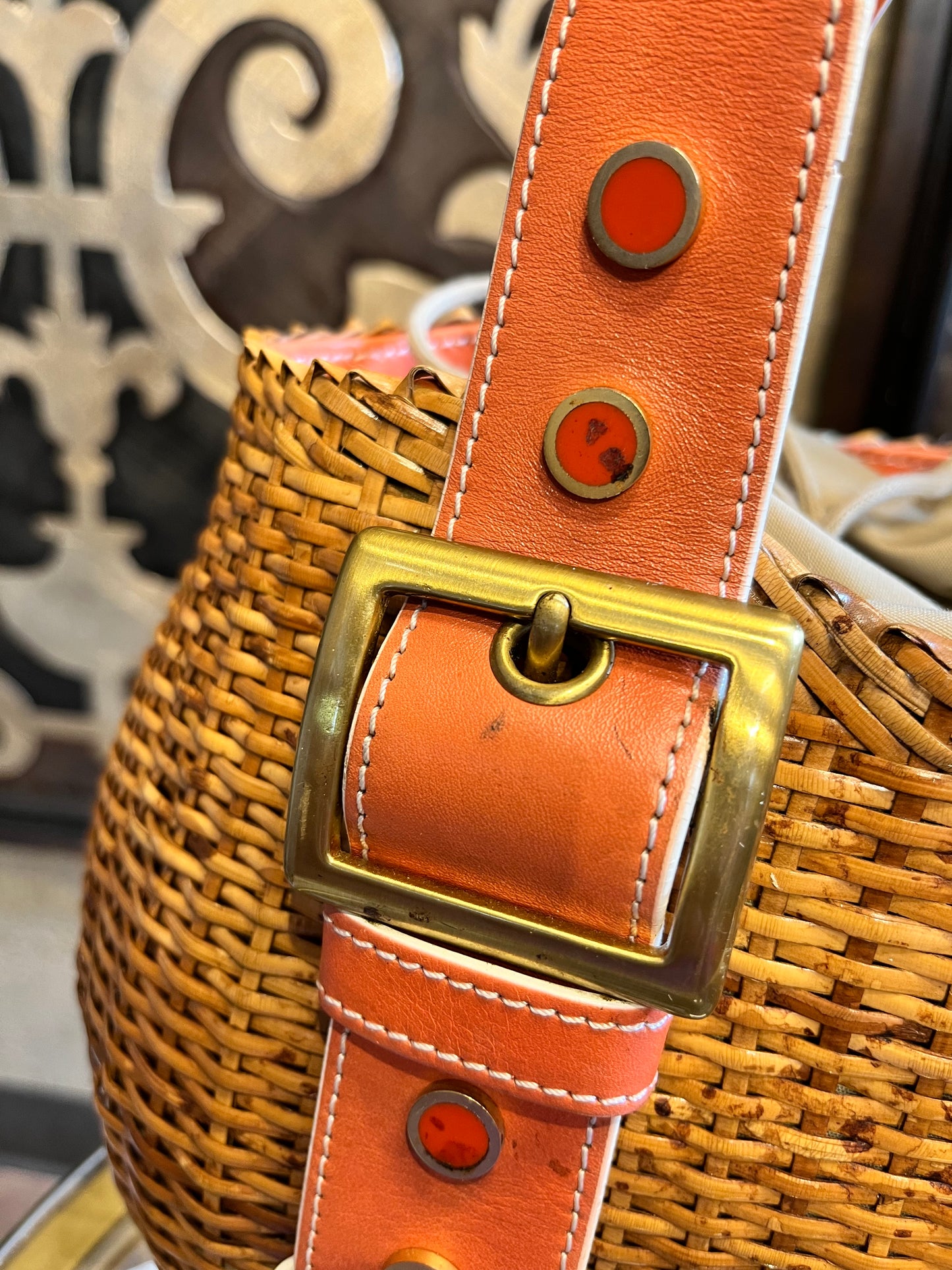 Rattan wicker vintage orange trim leather bucket strap handbag