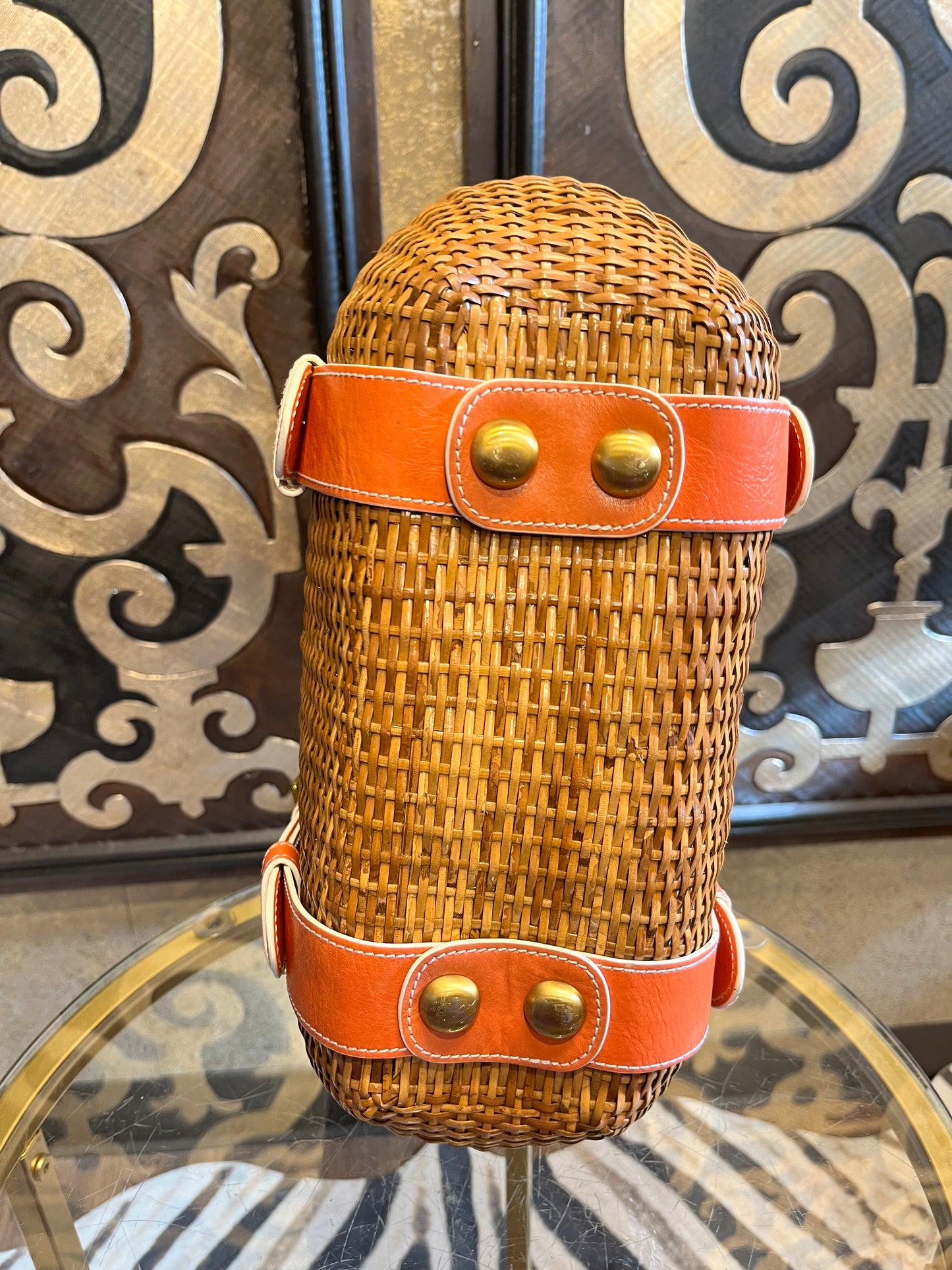 Rattan wicker vintage orange trim leather bucket strap handbag