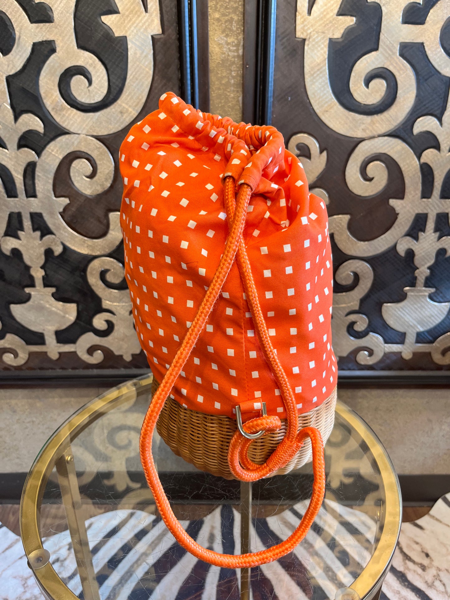 Liz Claiborne wicker vintage orange square print back pack handbag