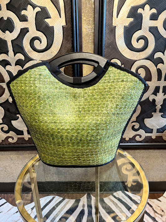 Lantern moon palm leaf green wicker tote handbag