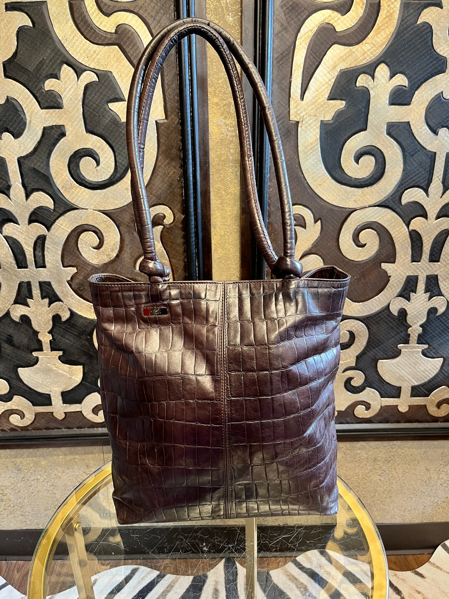 Falor croc brown embossed italian shoulder handbag