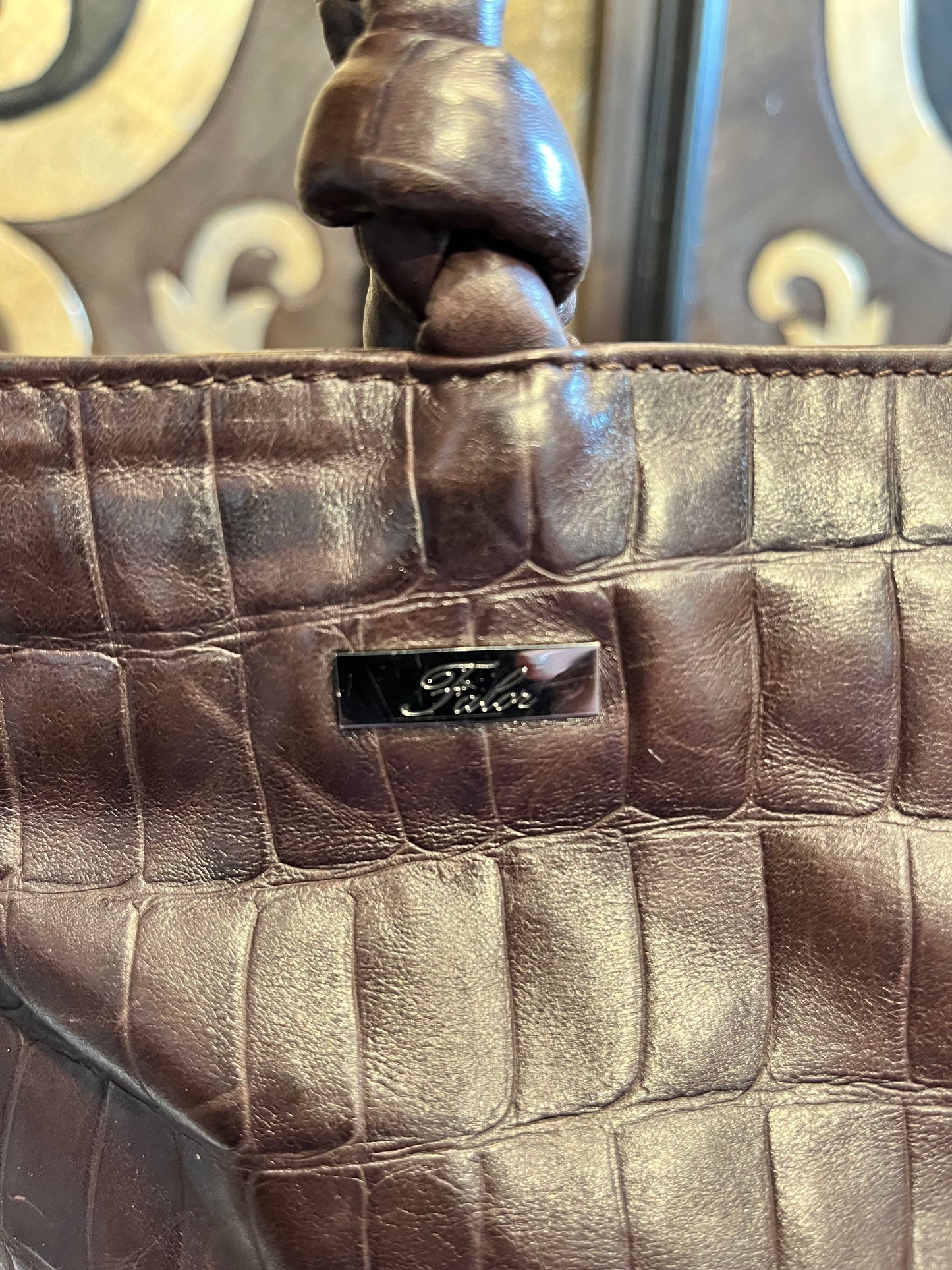 Falor croc brown embossed italian shoulder handbag