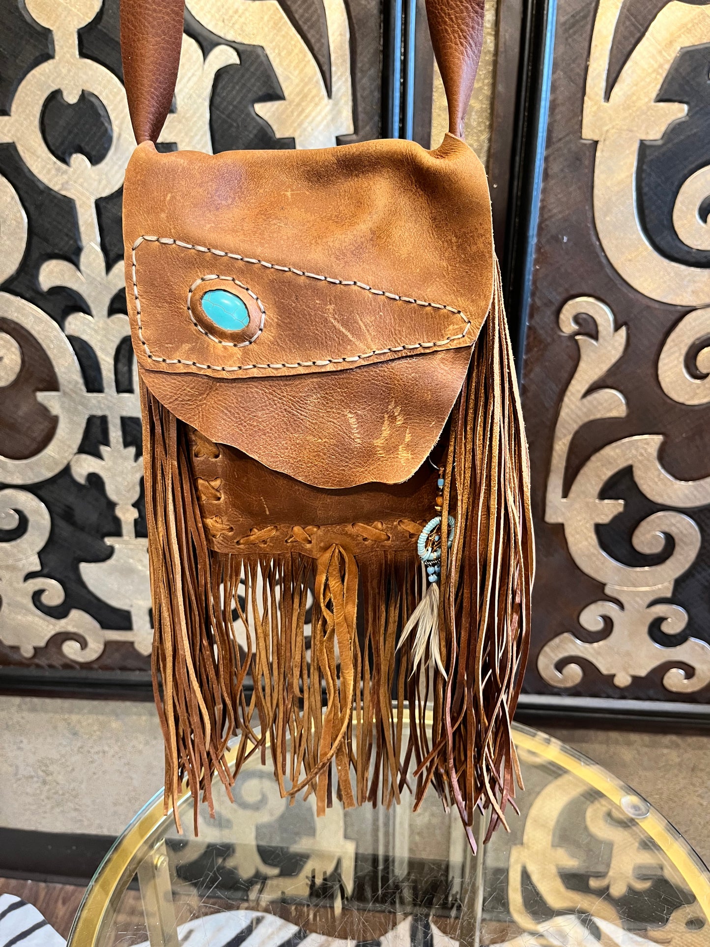 Western leather fringe turquoise stone flap crossbody