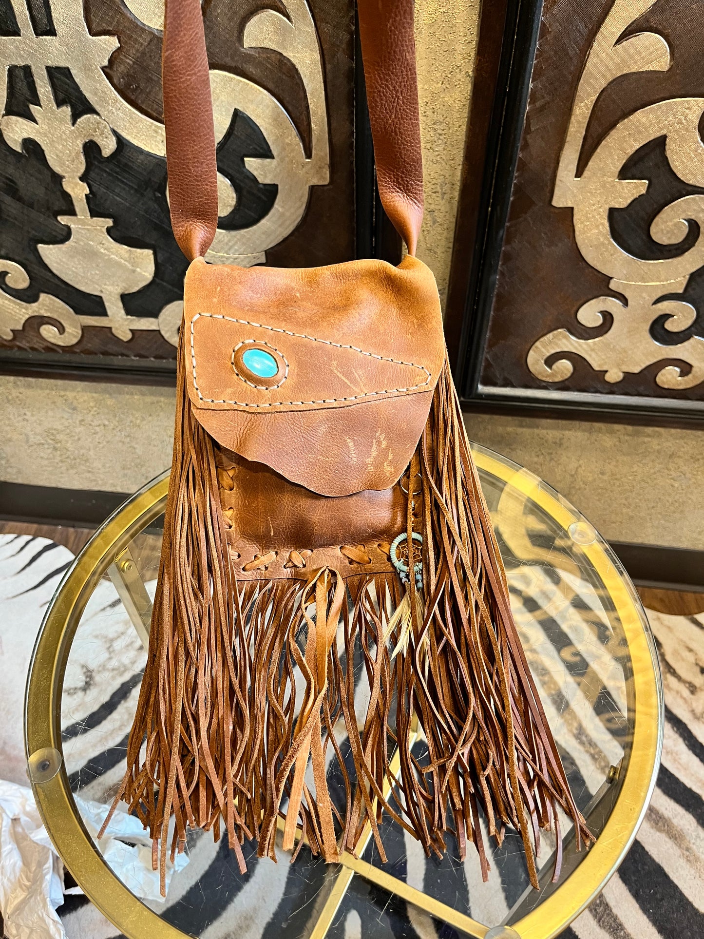 Western leather fringe turquoise stone flap crossbody