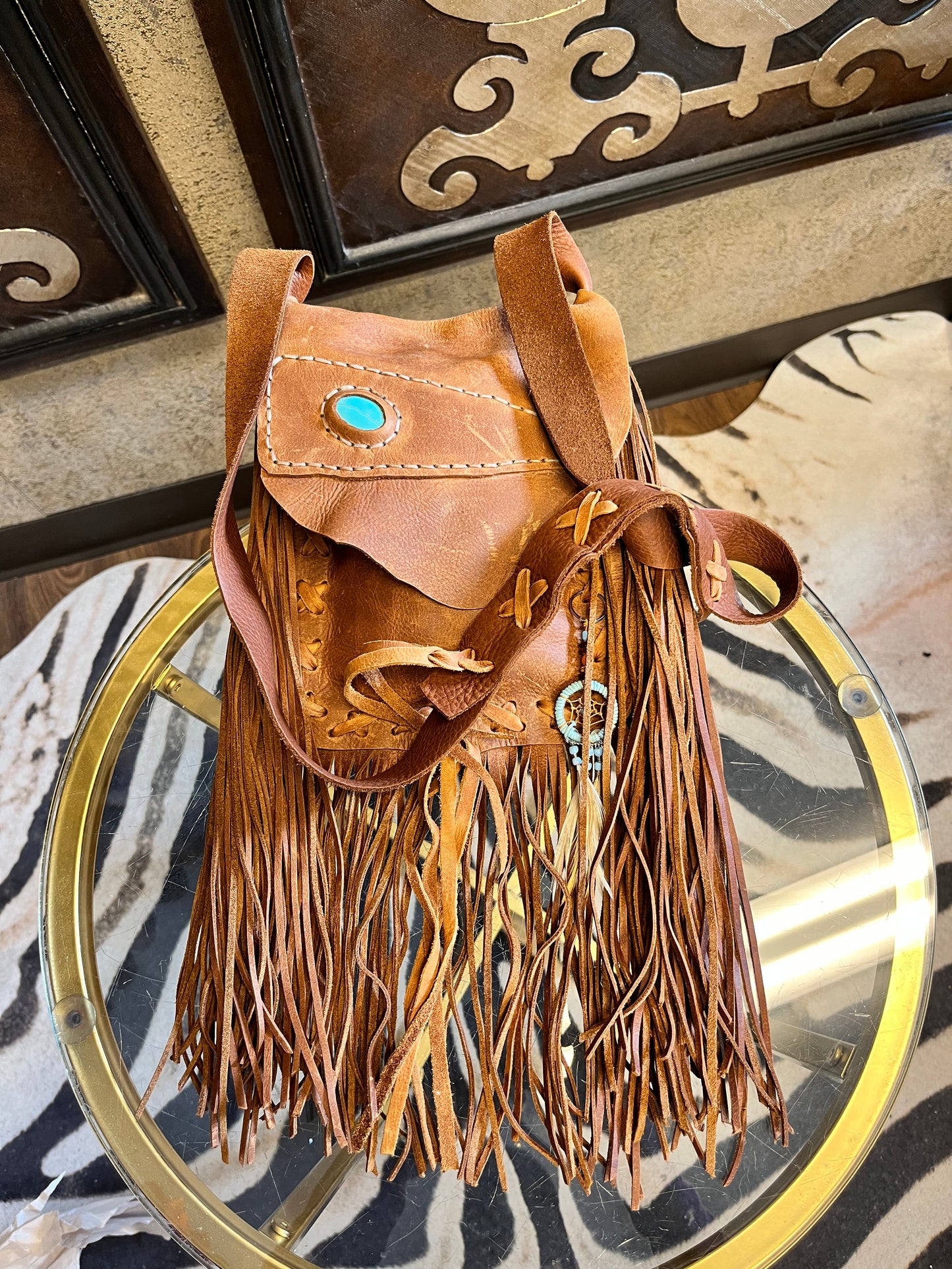 Western leather fringe turquoise stone flap crossbody