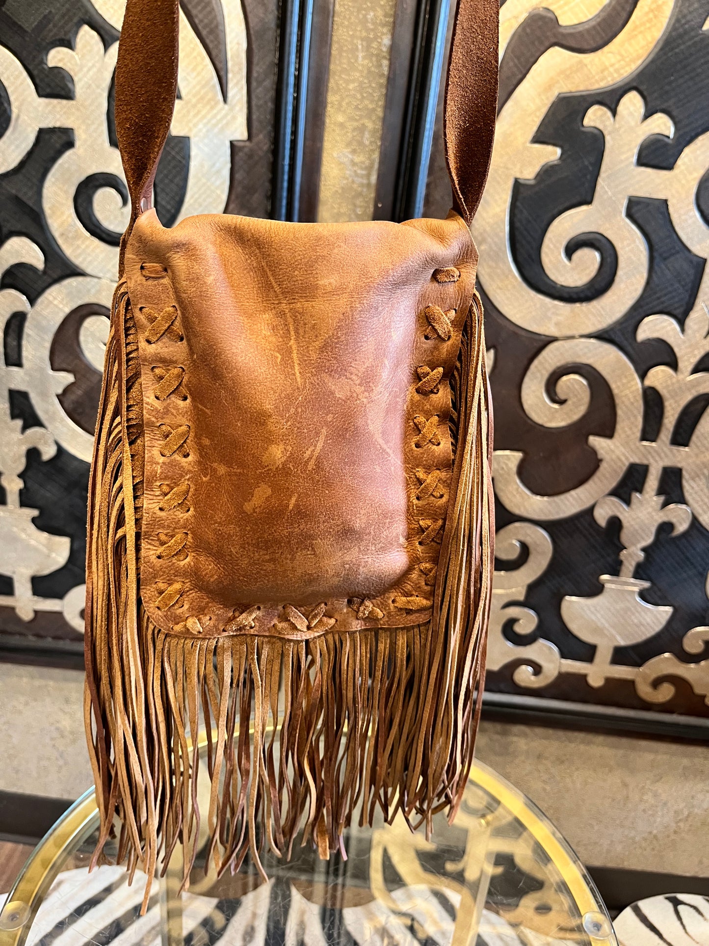 Western leather fringe turquoise stone flap crossbody