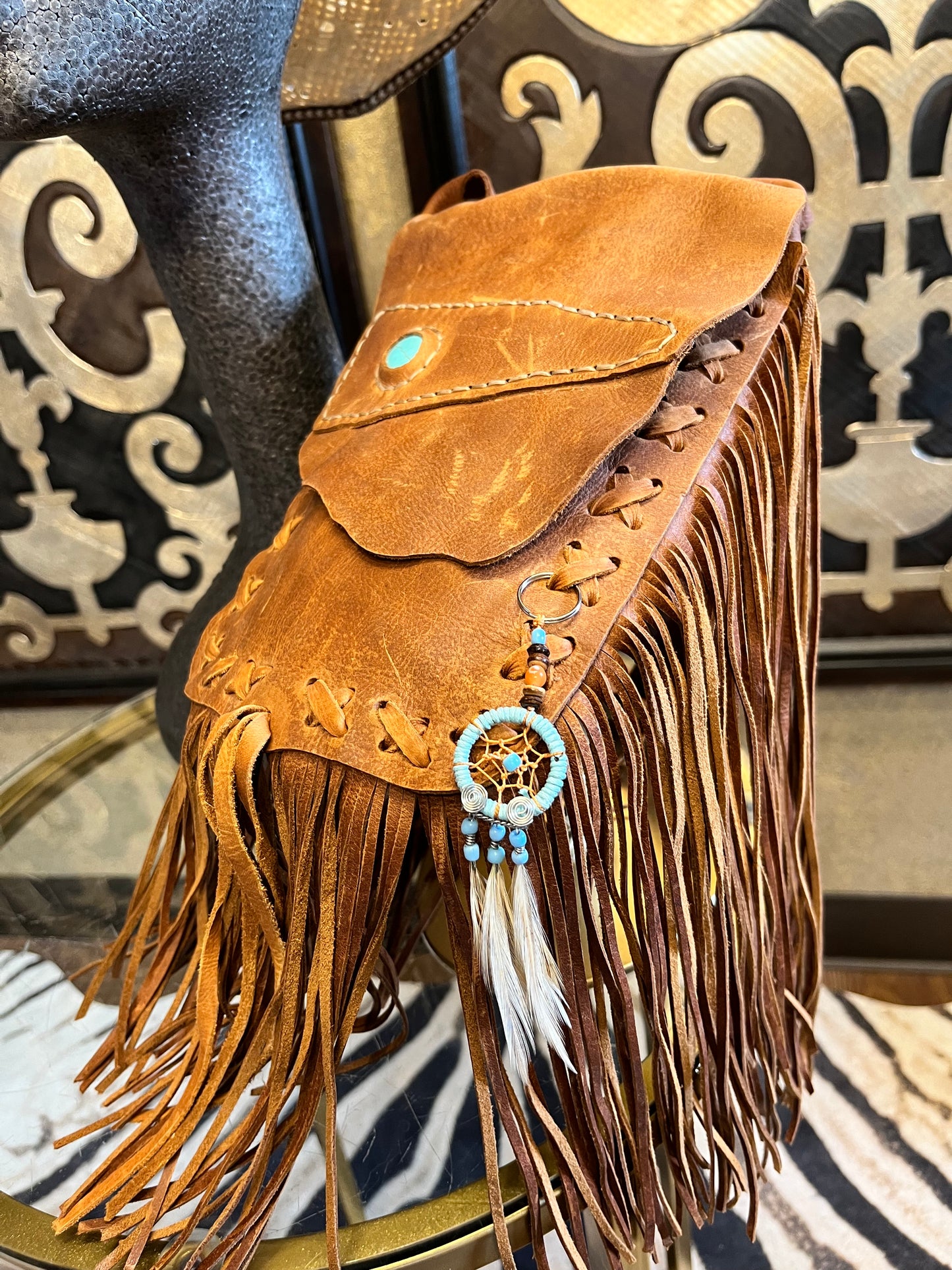 Western leather fringe turquoise stone flap crossbody