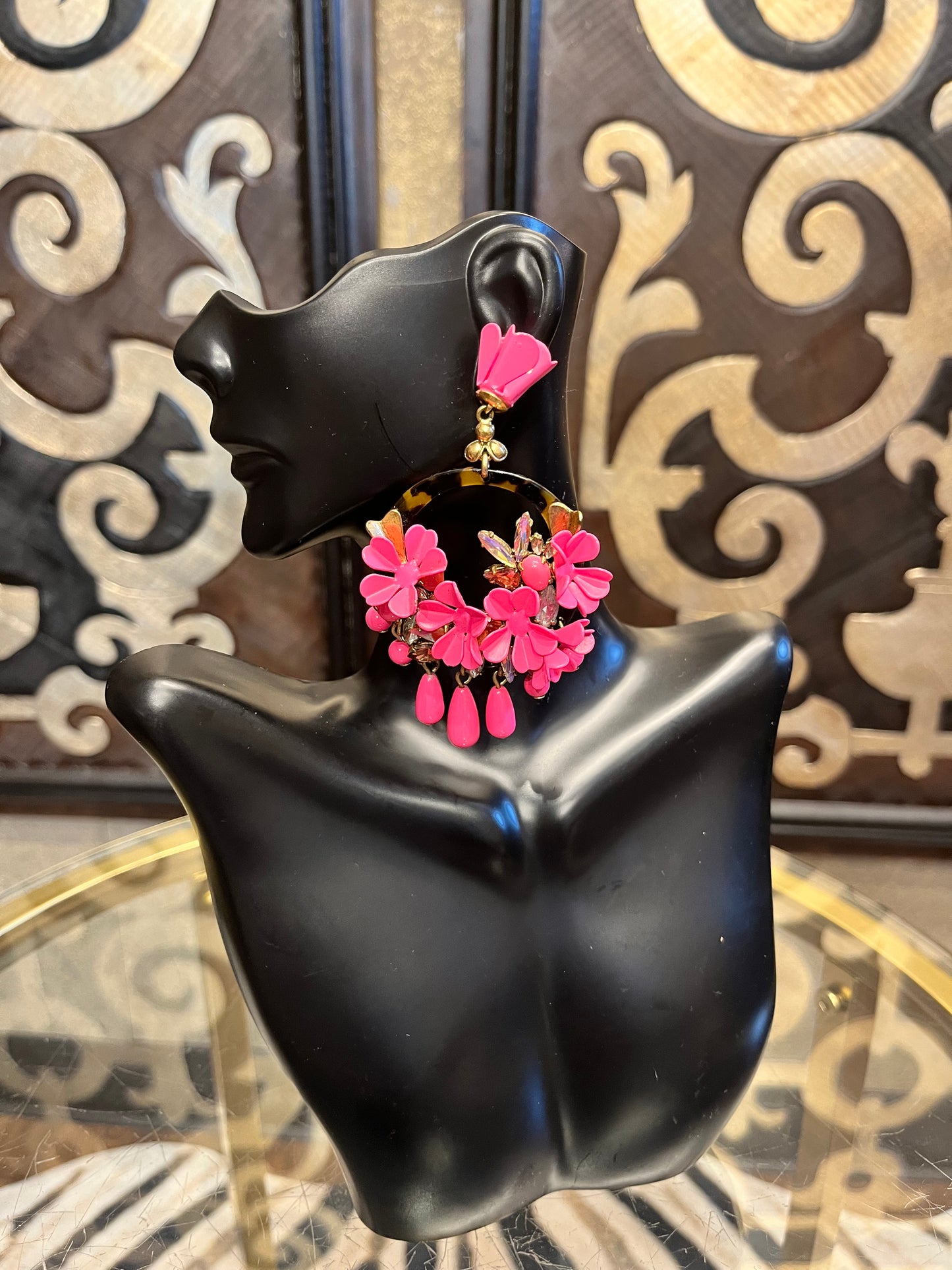 J Crew pink metal floral statement tortoieshell earrings