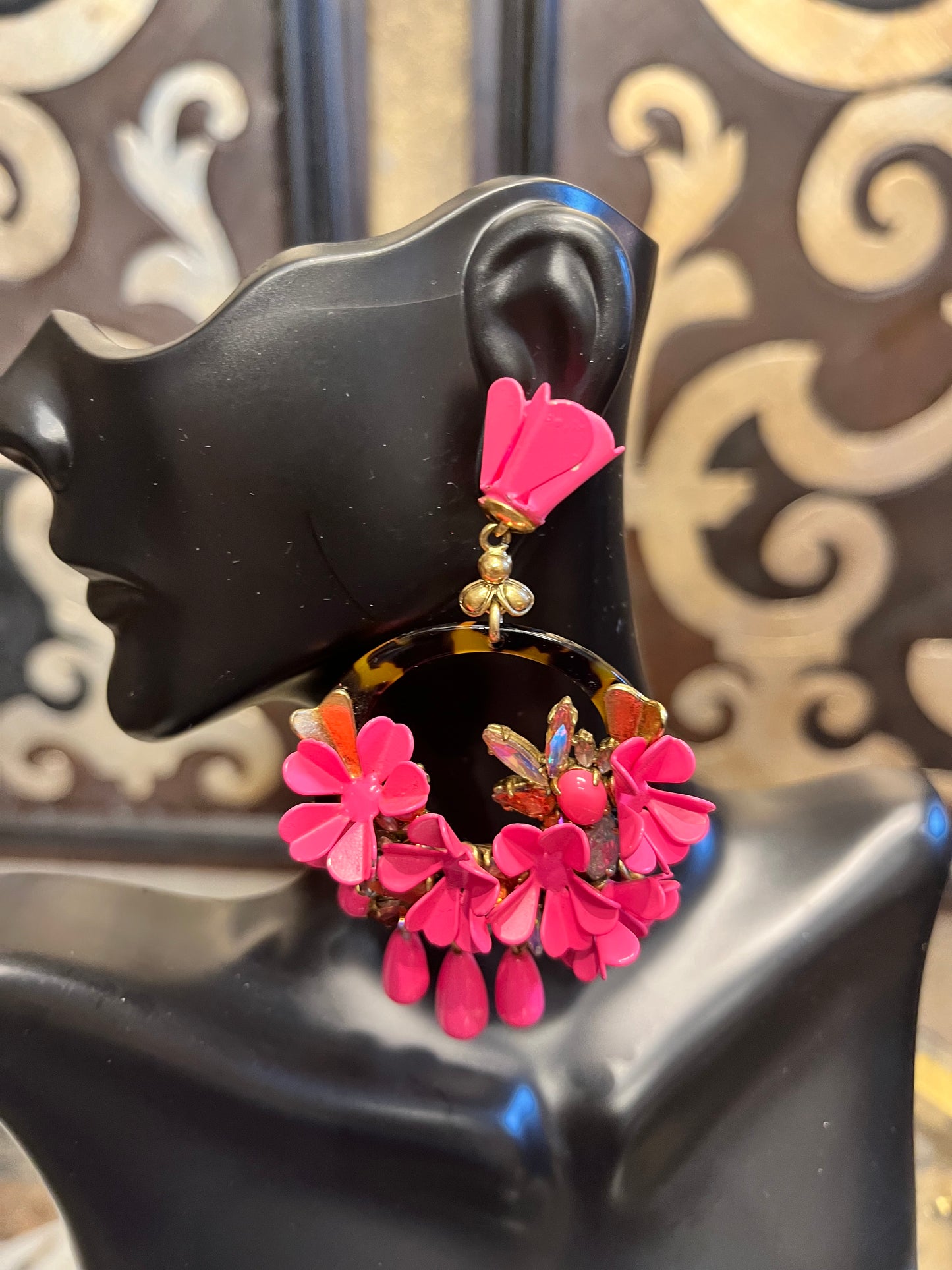 J Crew pink metal floral statement tortoieshell earrings