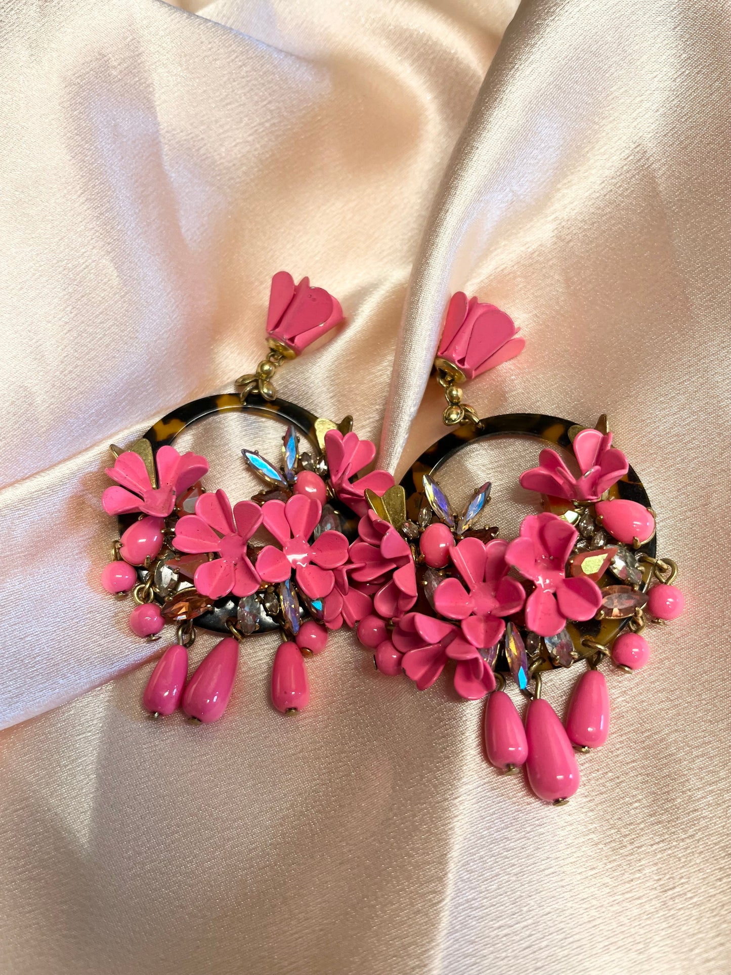 J Crew pink metal floral statement tortoieshell earrings