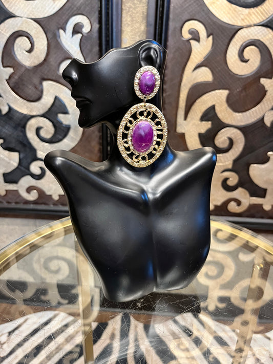 Amethyst purple statement gold clip on earrings