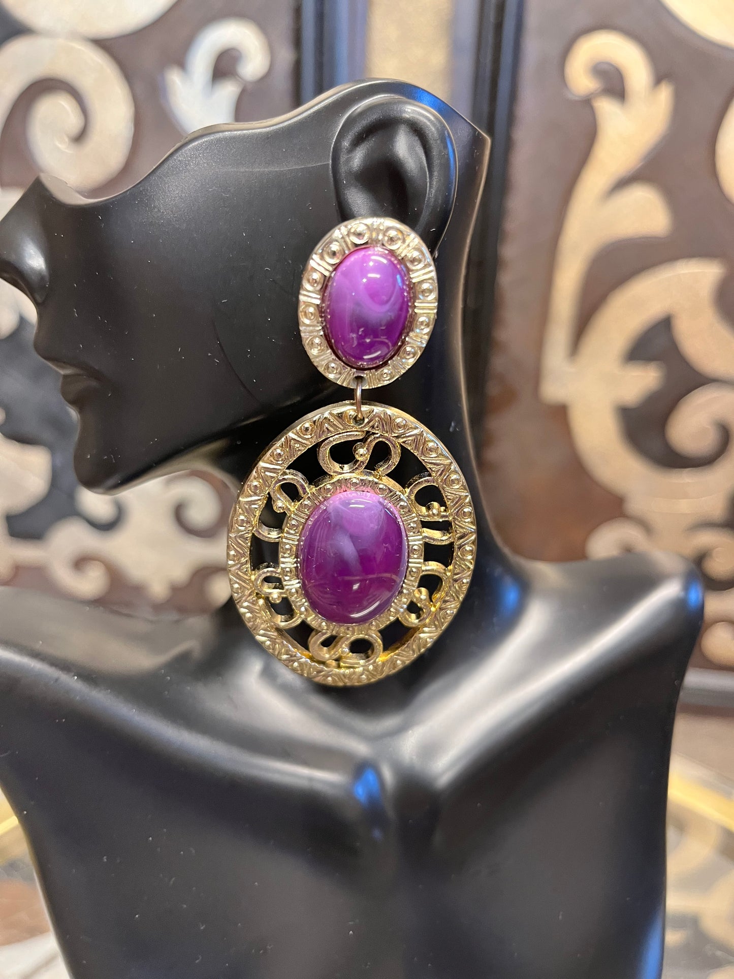 Amethyst purple statement gold clip on earrings