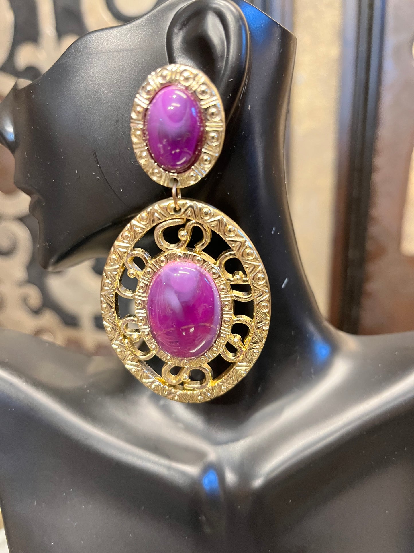 Amethyst purple statement gold clip on earrings