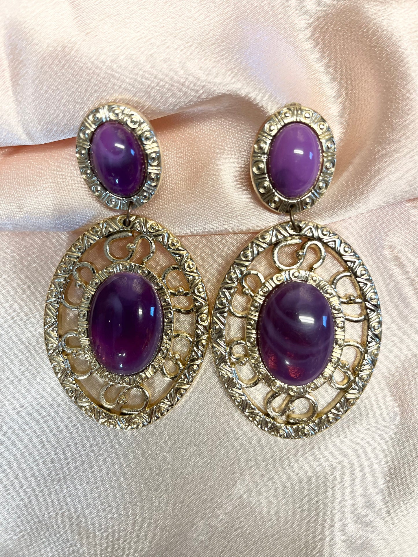 Amethyst purple statement gold clip on earrings