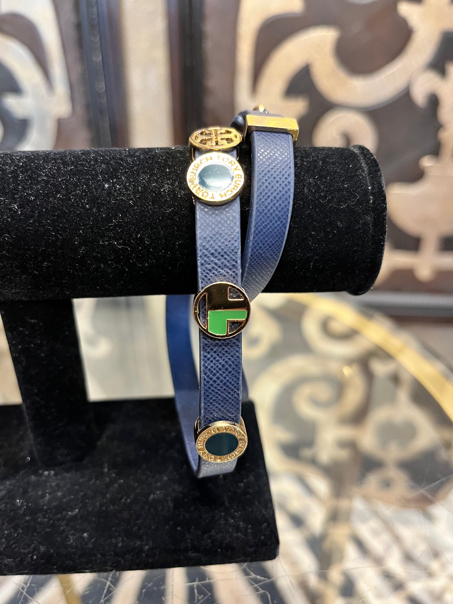 Tory Burch blue leather doulbe slide chrams bracelet