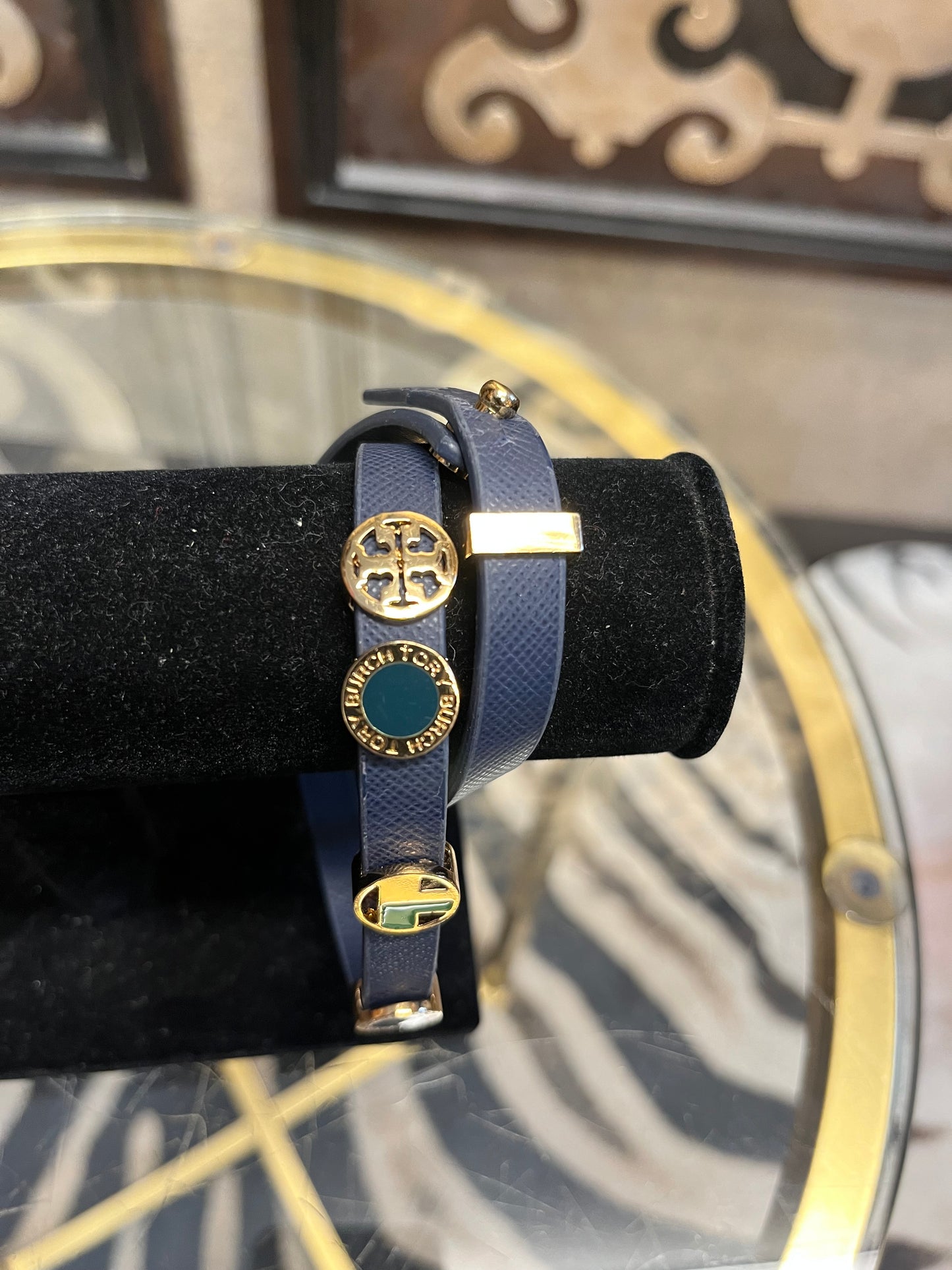 Tory Burch blue leather doulbe slide chrams bracelet