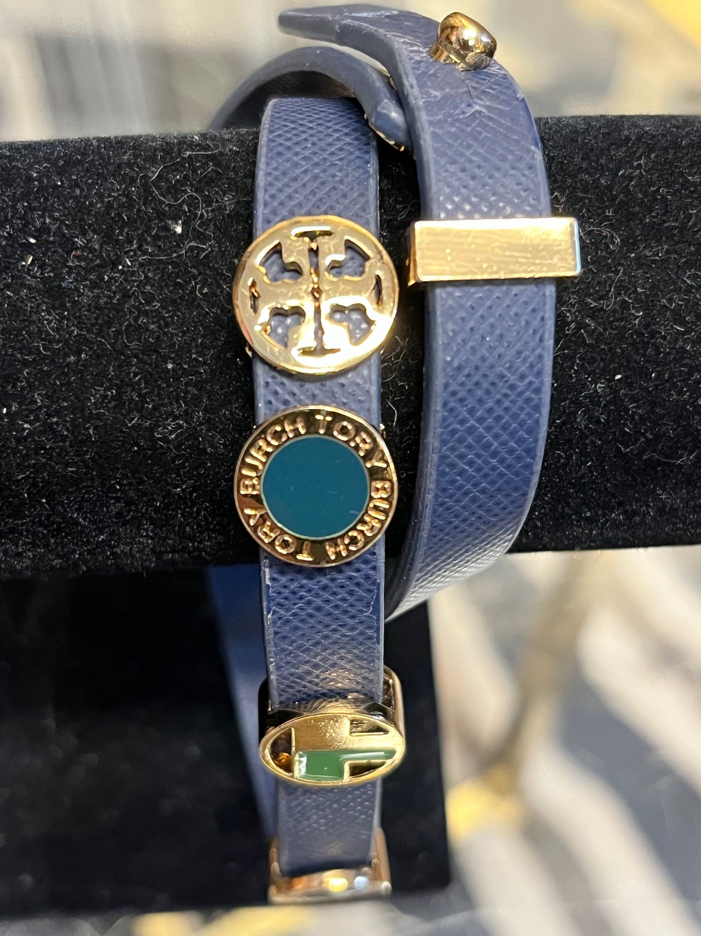 Tory Burch blue leather doulbe slide chrams bracelet