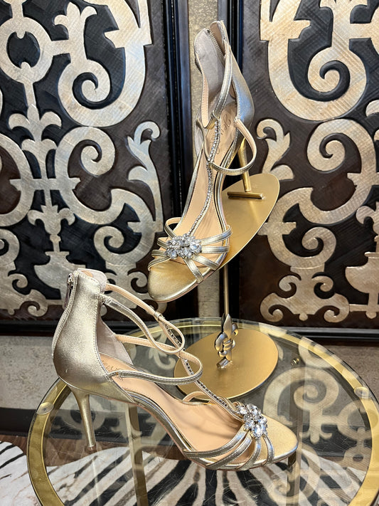 Jeweled Badgley Mischka metallic gold bling diamond heels