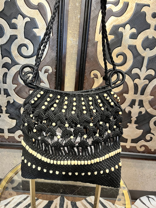 Black woven beaded vintange handbag