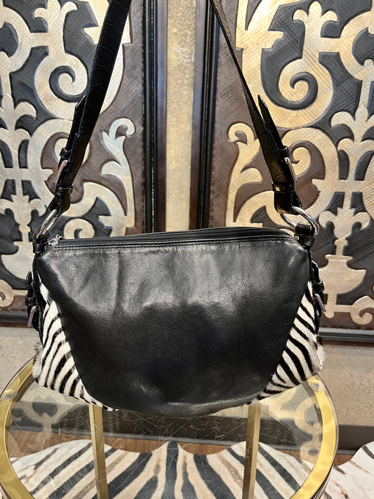 Berge zebra calf hair trim black leather handbag