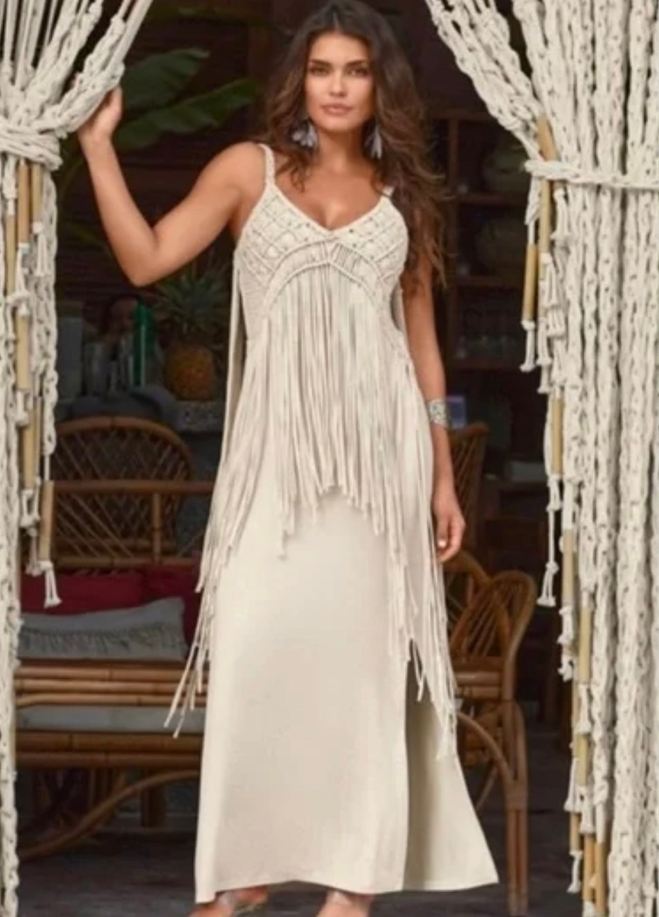 Boston Proper boho fringe crochet maxi dress