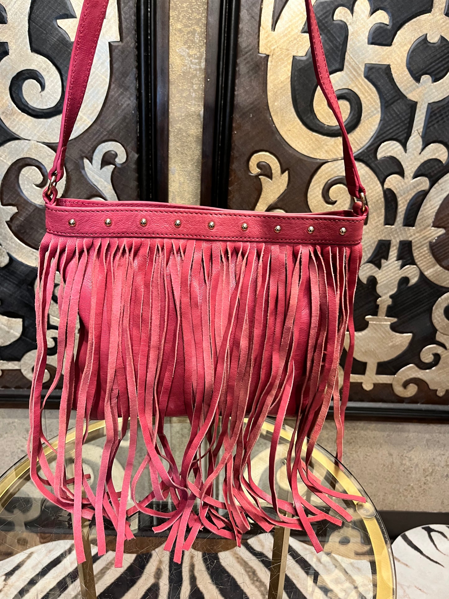 Juicy Couture pink leather fringe stud crossbody