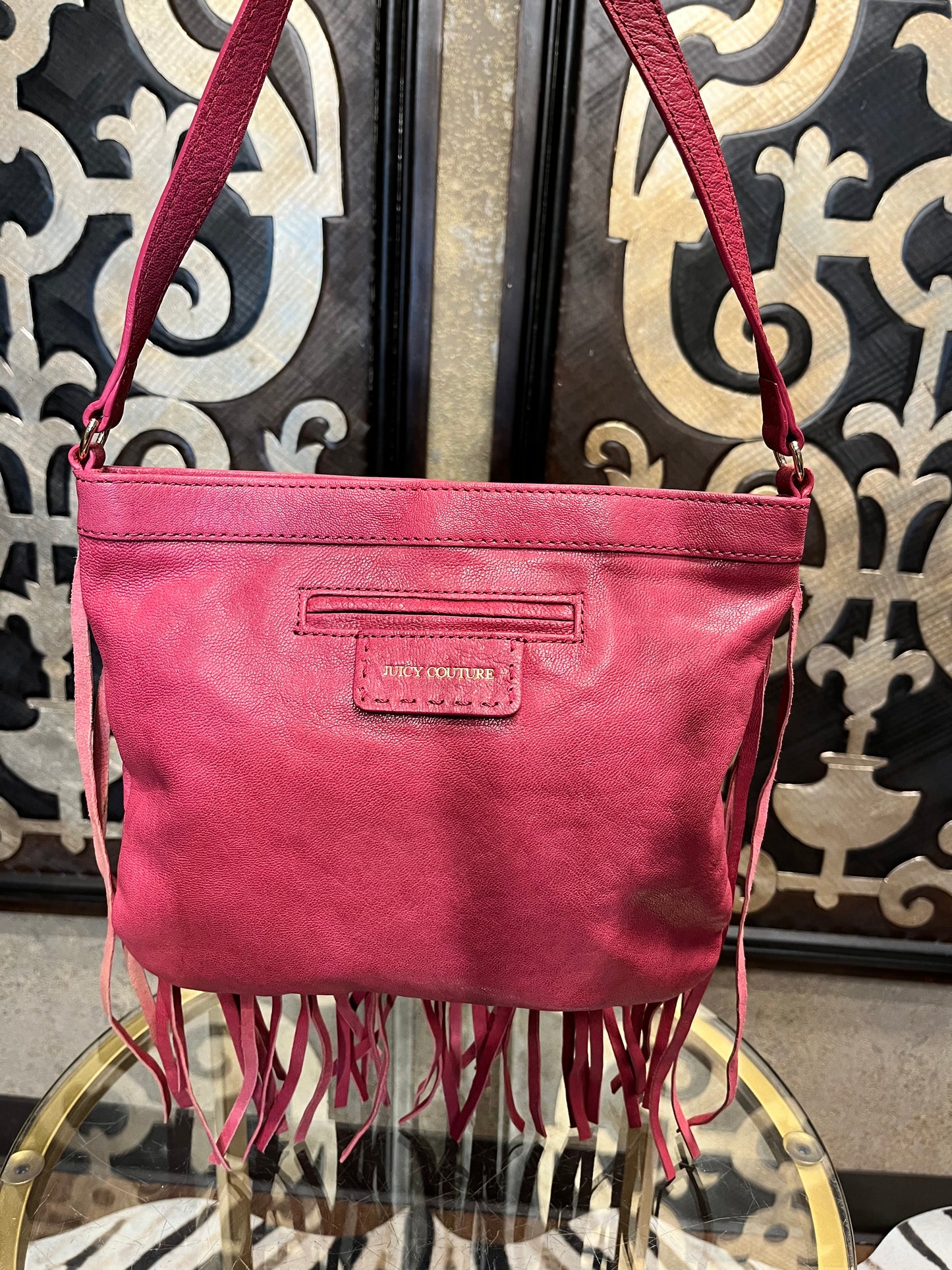 Juicy Couture pink leather fringe stud crossbody