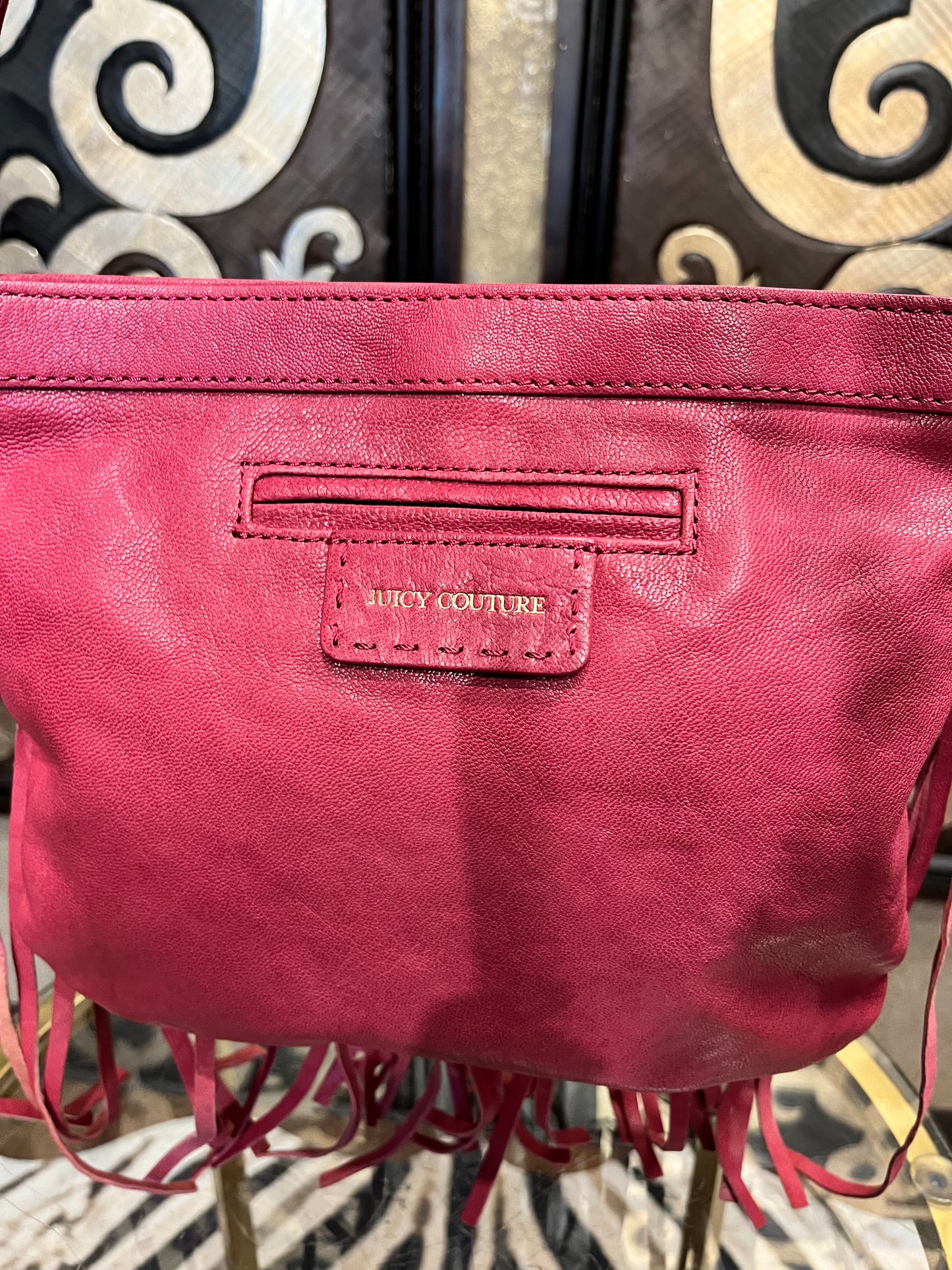 Juicy Couture pink leather fringe stud crossbody