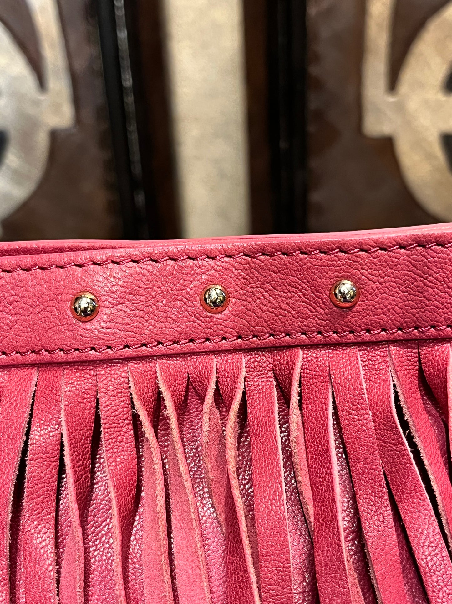 Juicy Couture pink leather fringe stud crossbody