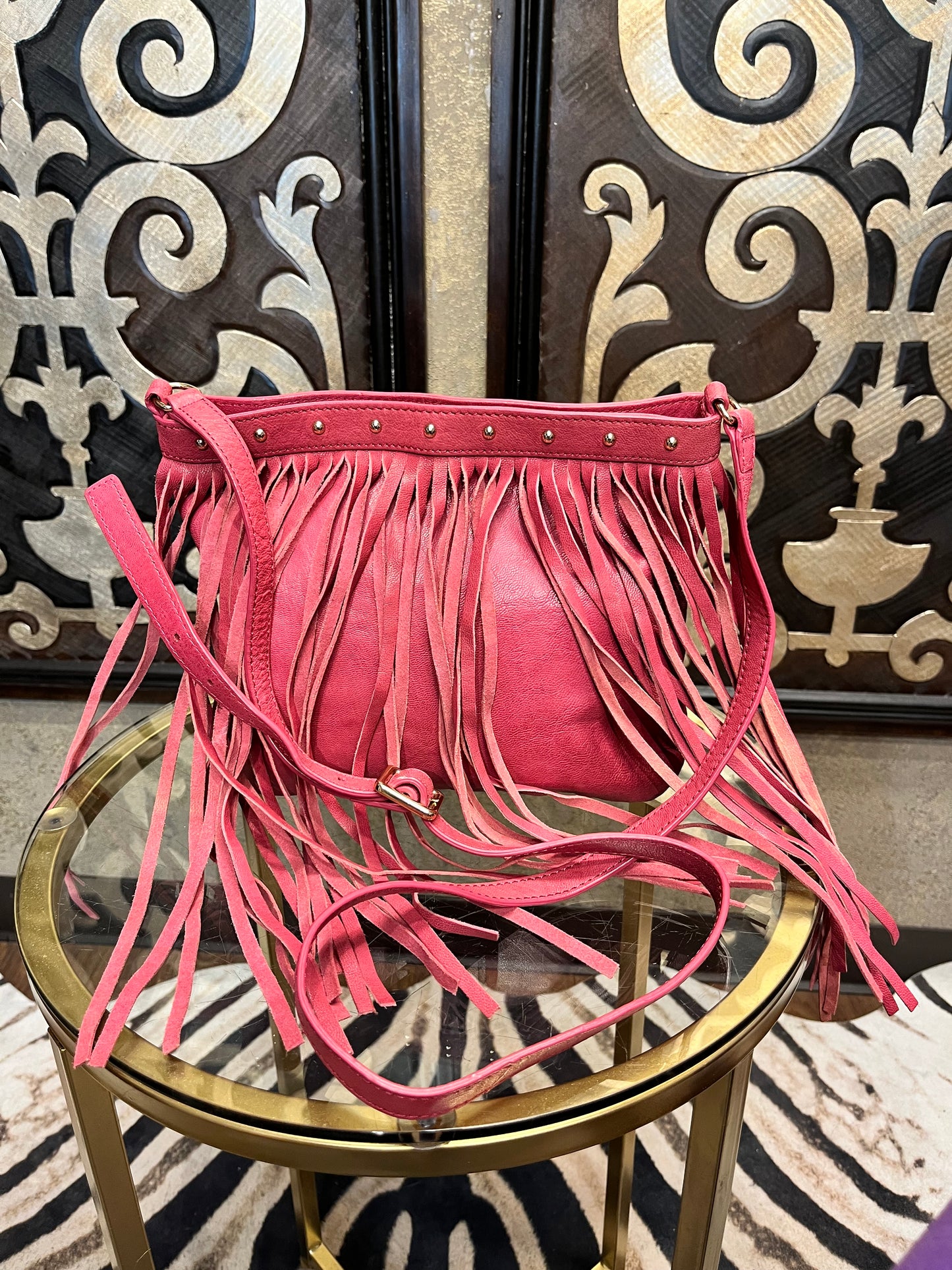 Juicy Couture pink leather fringe stud crossbody