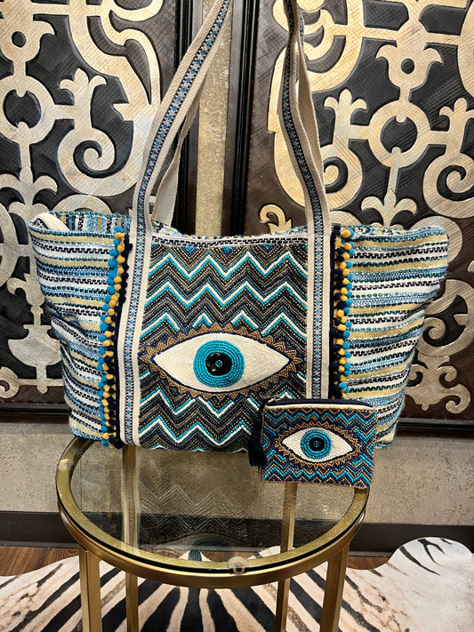 America & Beyond Grecian nights evil eye beaded tote