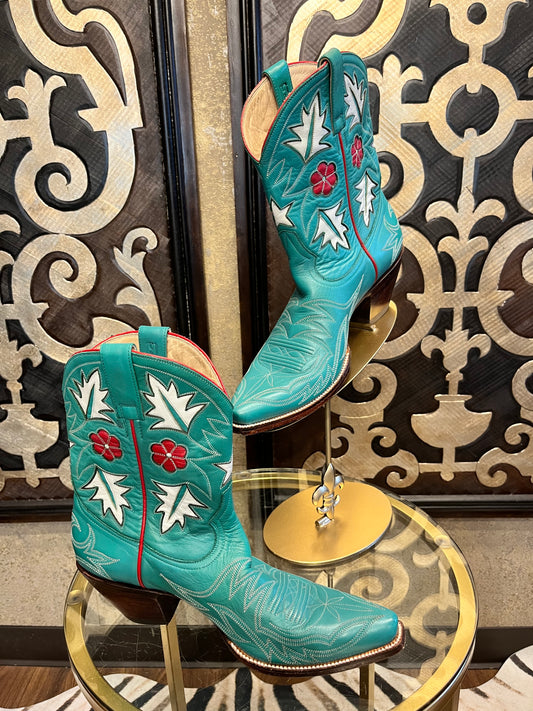 Heritage teal multi leaf stitch western boot