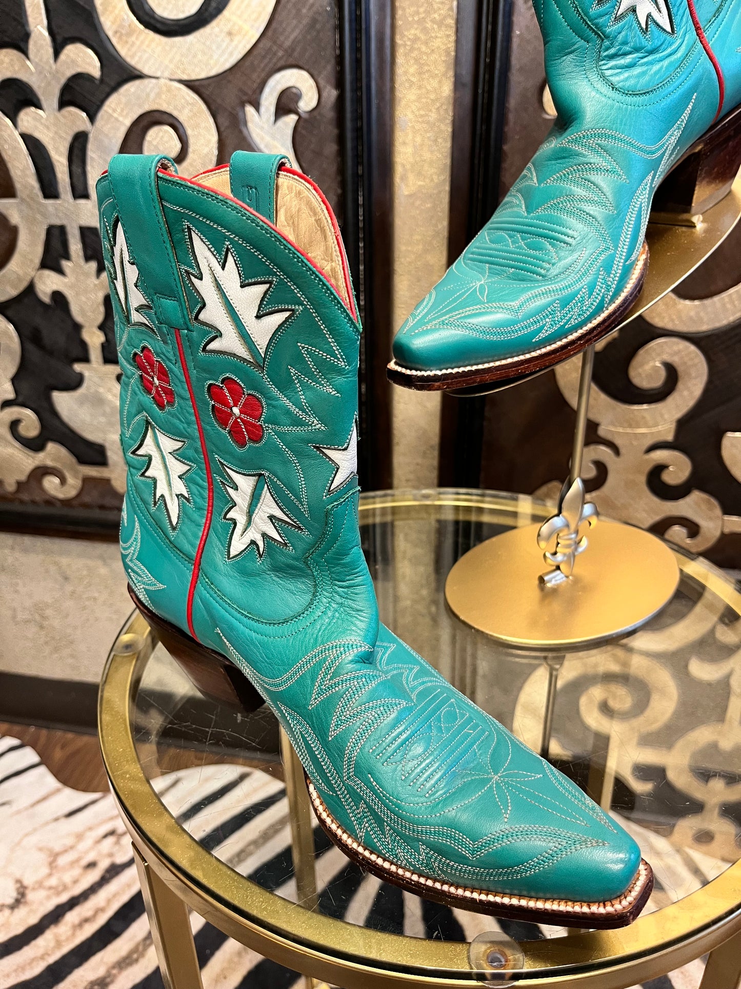 Heritage teal multi leaf stitch western boot