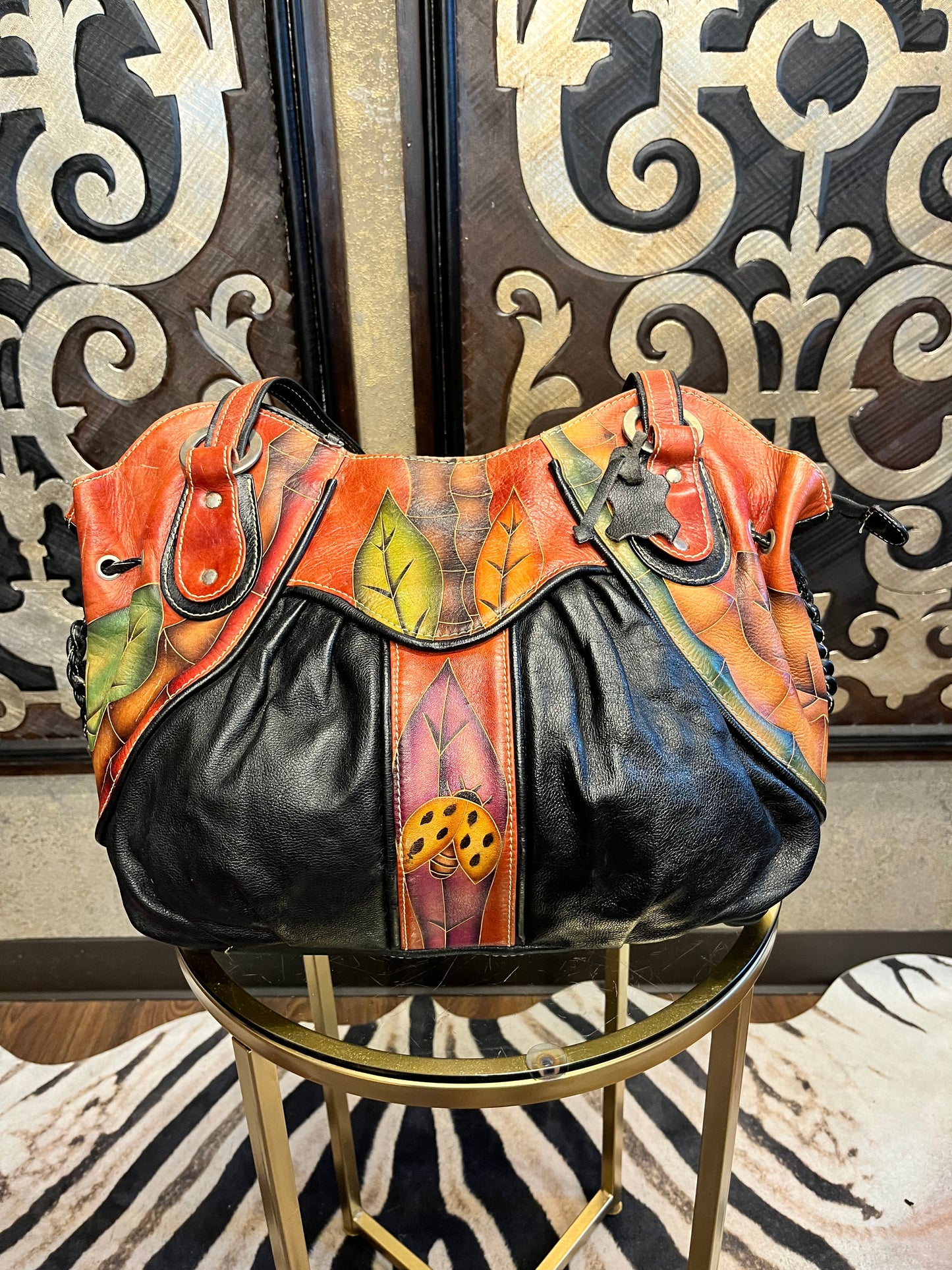 Black leather colorful ladybug leaf handbag