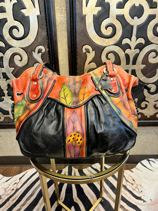 Black leather colorful ladybug leaf handbag