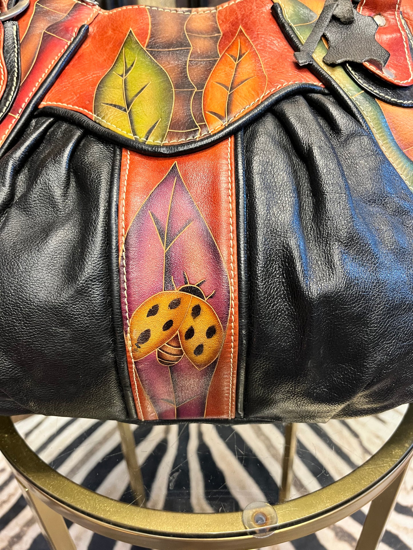 Black leather colorful ladybug leaf handbag