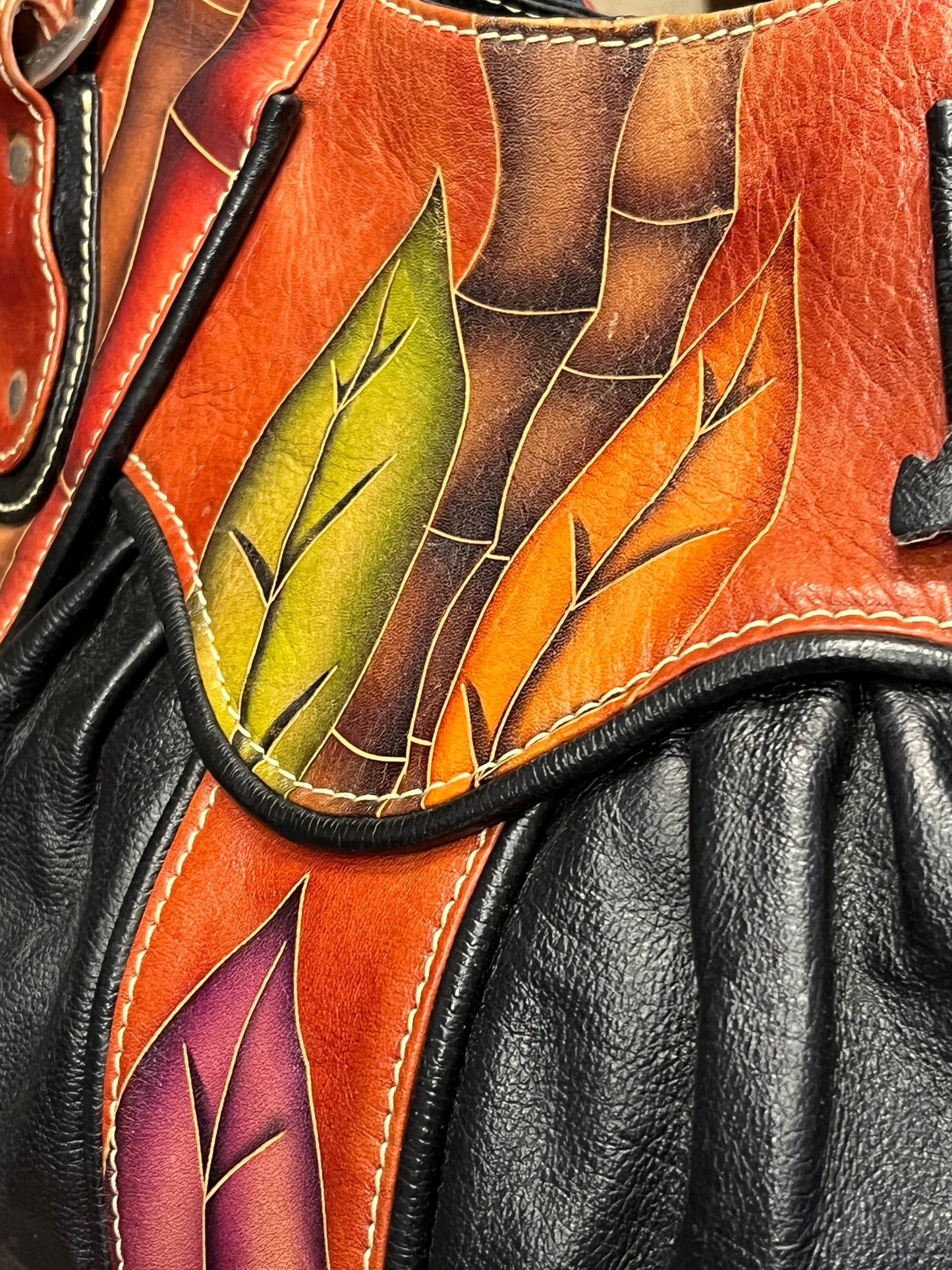 Black leather colorful ladybug leaf handbag