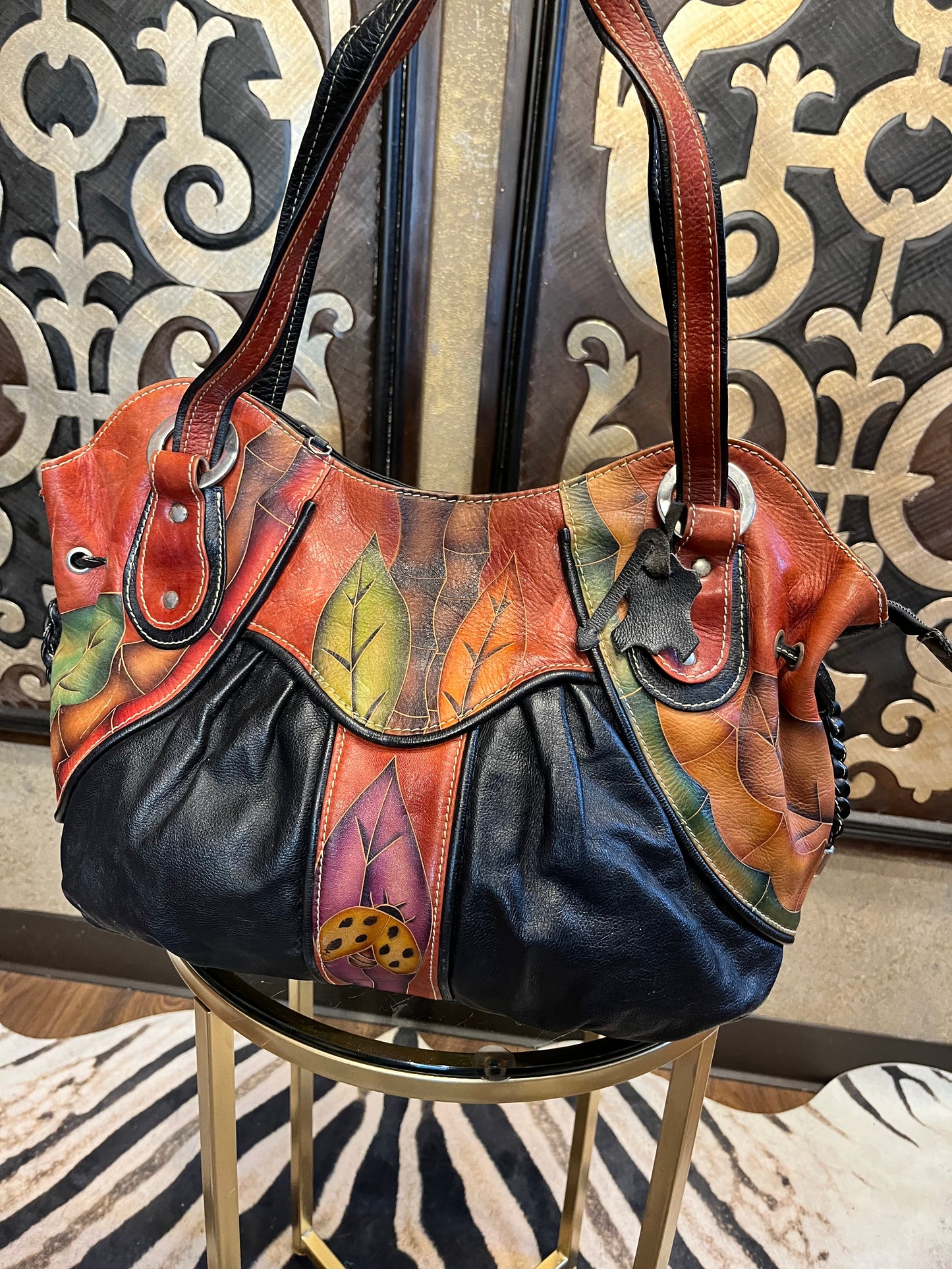 Black leather colorful ladybug leaf handbag