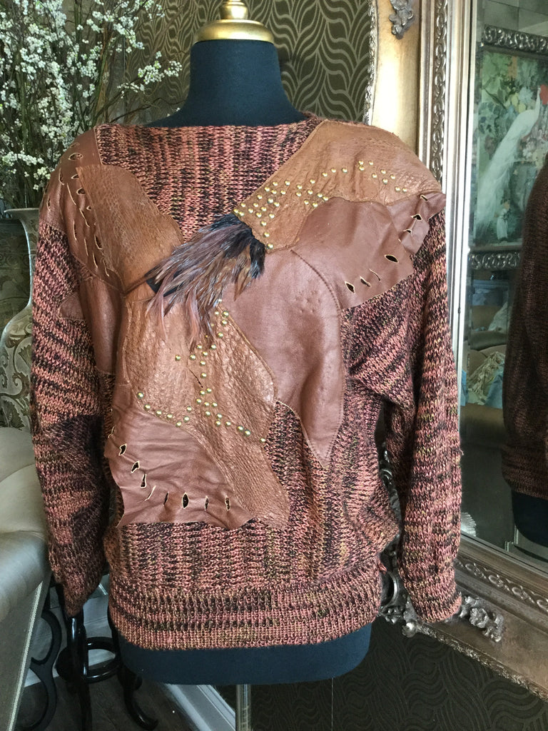 Vintage brown leather beaded top