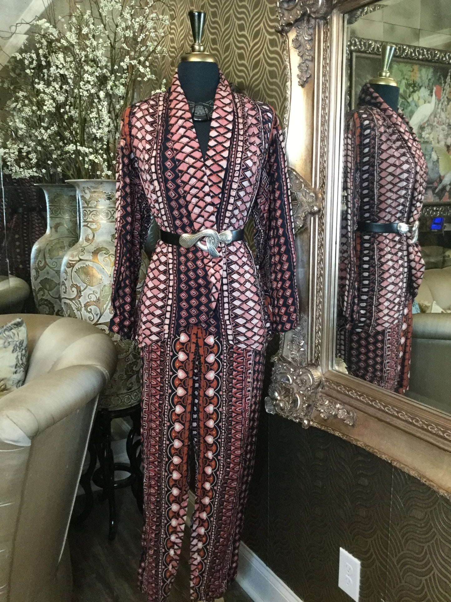 Vintage black peach print jacket pants