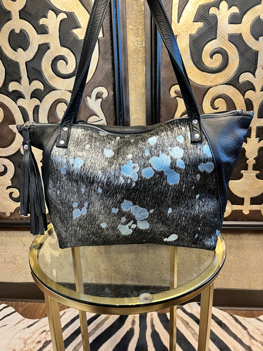 Bequdin black metallic cowhide leather handbag