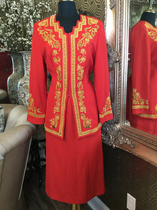 Vintage red gold embroidered jacket dress