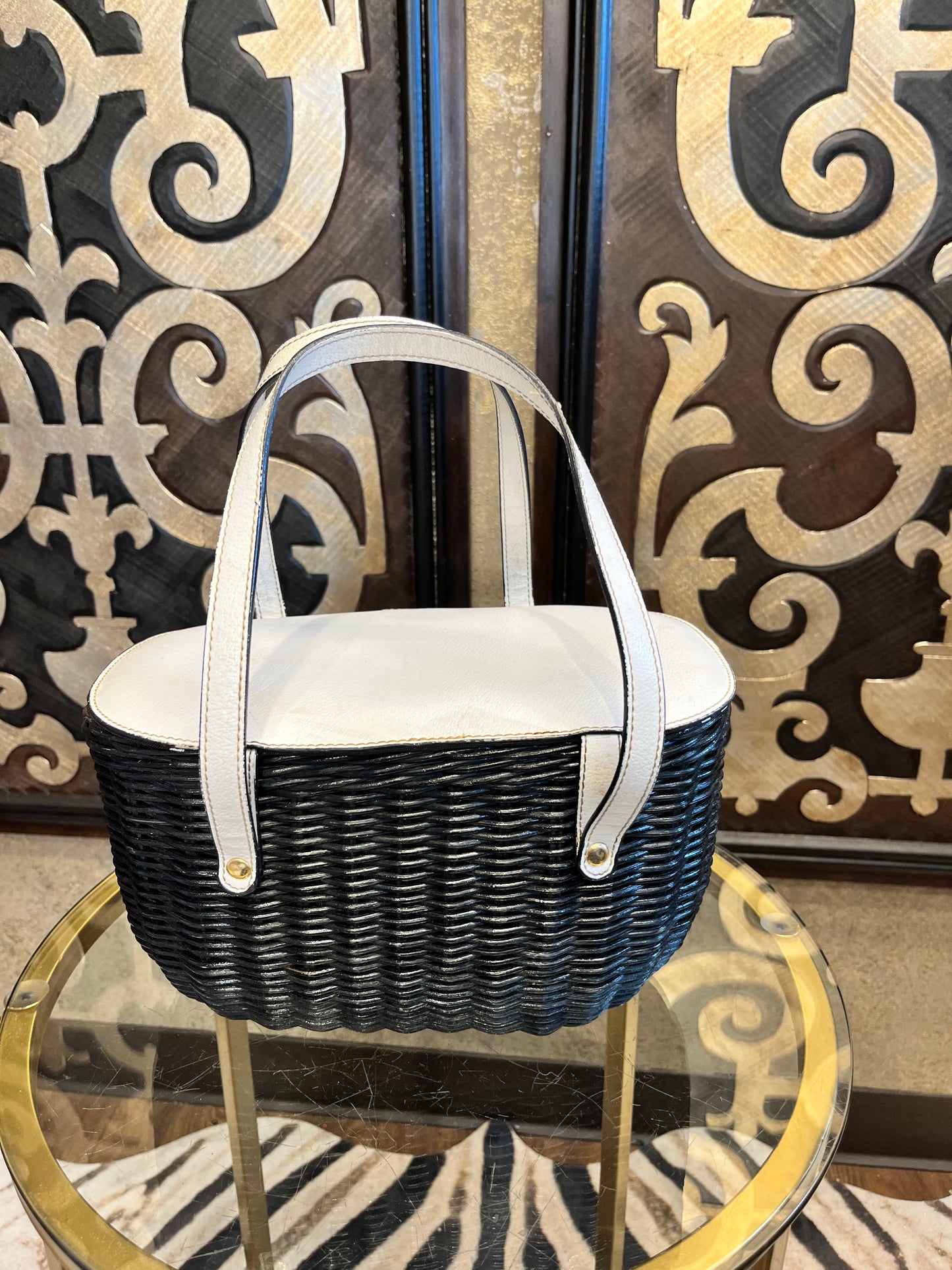 Braciano black wicker basket white top handbag