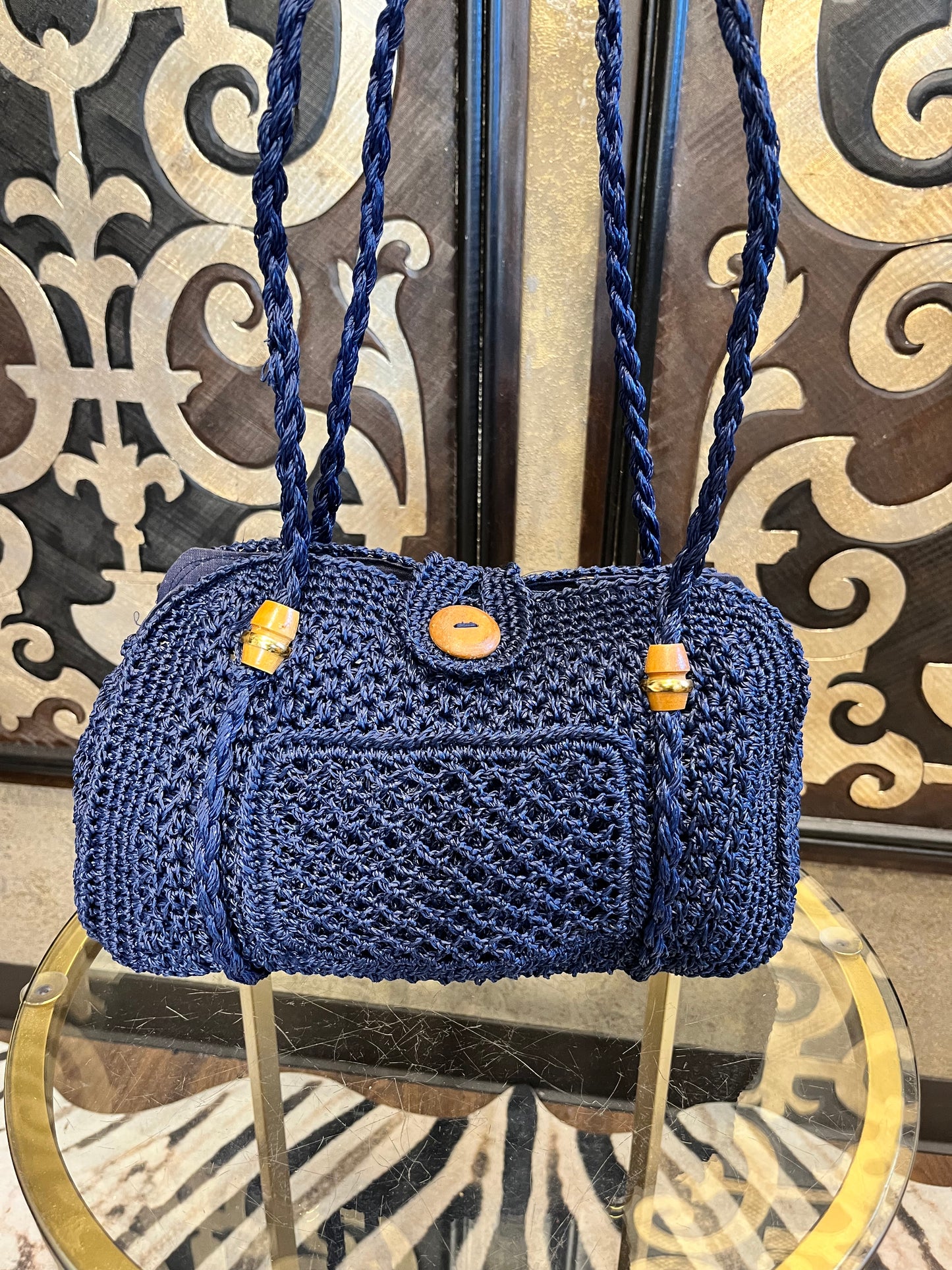 Woven raffia vintage blue woven handbag